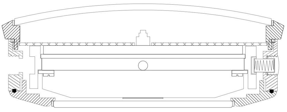 RO Watches schoksysteem met driepuntsophanging zichtbaar door saffieren caseback - innovatieve schokdemping voor mechanische uurwerken