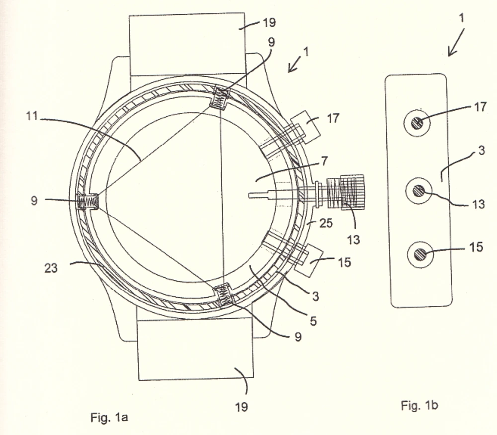 Technische patentafbeelding van het RO Watches schoksysteem met zwevende driepuntsophanging voor schokabsorptie in mechanische horloges