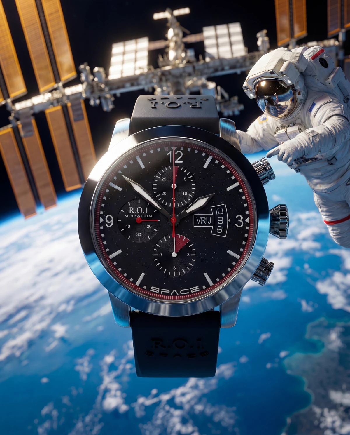 R.O. Space horloge in de ruimte met het ISS en de aarde op de achtergrond