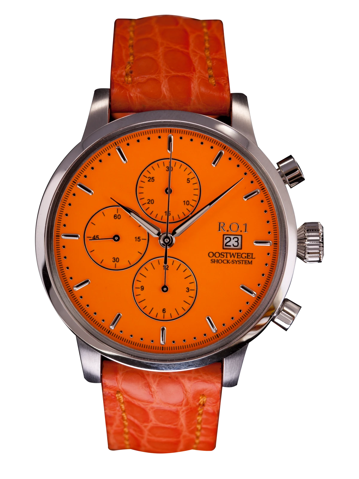 Het oranje R.O. horloge vervaardigd voor bondscoach Bert van Marwijk en het Nederlandse elftal in 2012
